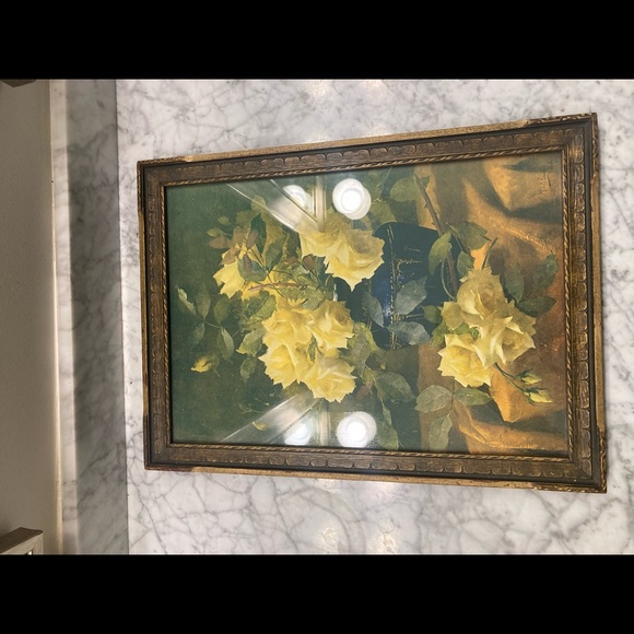 Vintage yellow rose print in wood frame - Picture 11 of 11